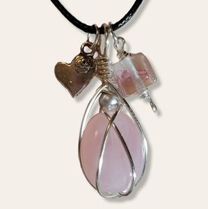 Handmade Pink Wire Wrapped Necklace With Heart Charm & Glass Cube Bead